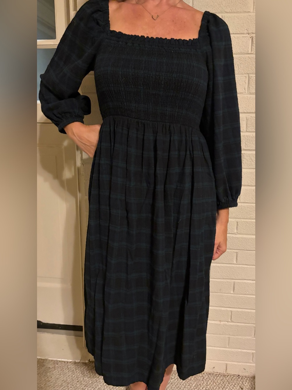 J.Crew Smocked Puff-Sleeve Cottagecore Dress in Black Watch Tartan Flannel